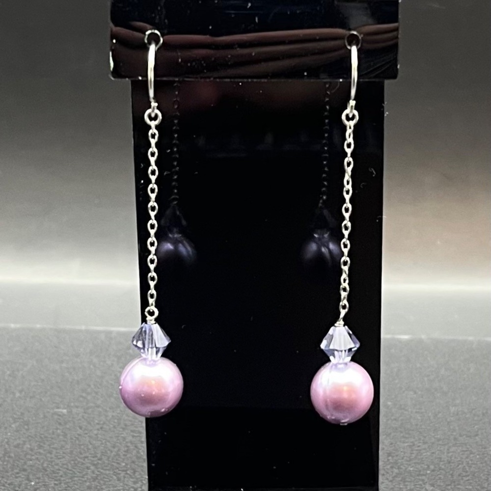 Sterling Silver Chain Drop Earrings with Purple Cultured Pearls & Crystal Bicone